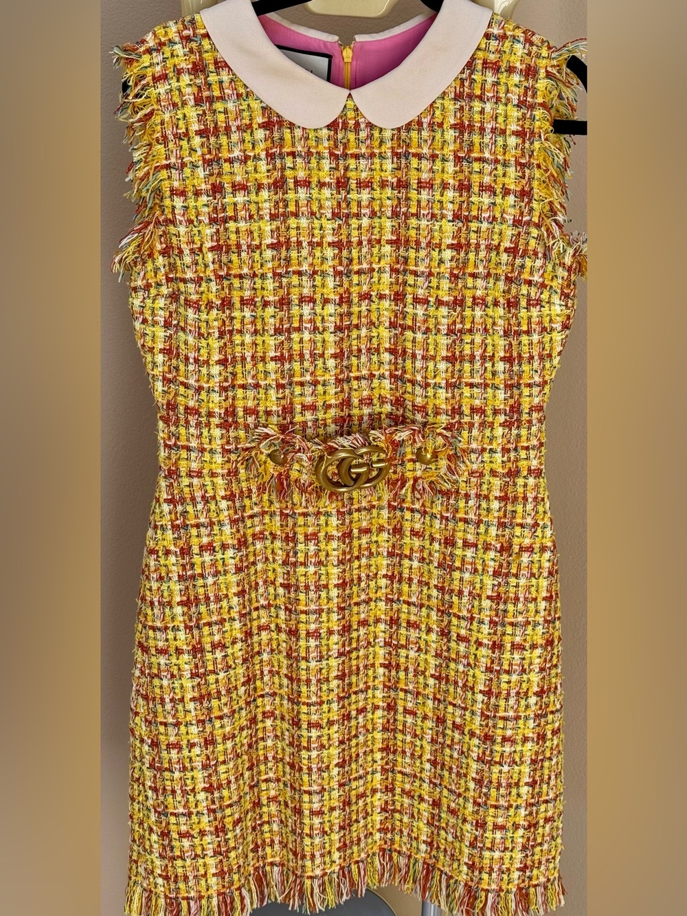 Gucci Yellow, Red & Pink Tweed Dress with White Peter Pan Collar